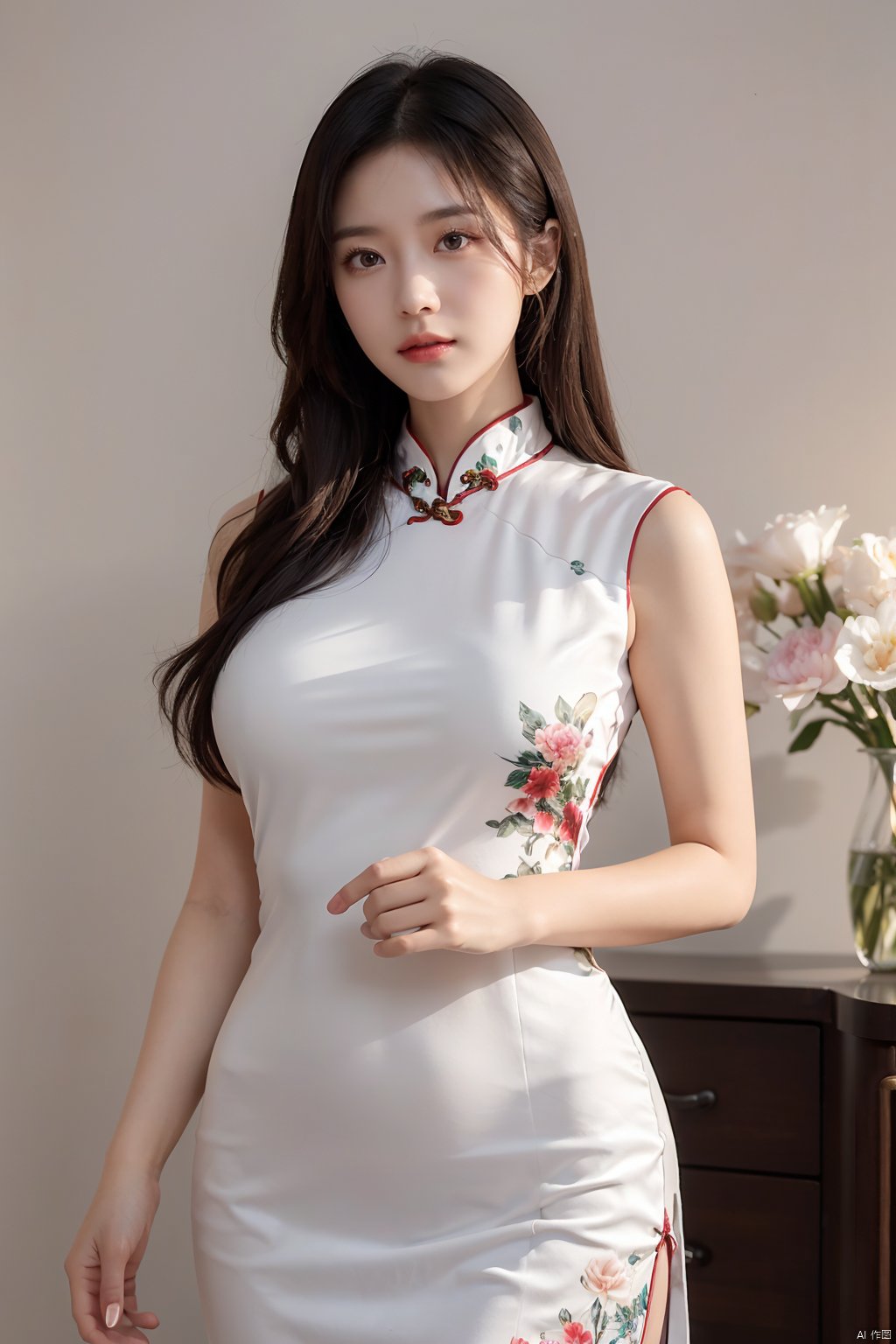  1girl,fair_skin,shiny_skin,white_marble_glowing_skin,curvy,long hair,makeup,flower-shaped pupils,big breasts,china_dress,print_cheongsam,chinese_style,huge filesize,wallpaper,real,available light,reality,realistic,simple_background, 1girl,moyou