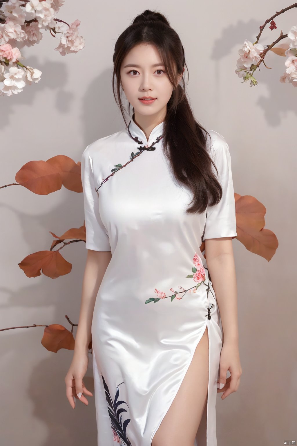  1girl,fair_skin,shiny_skin,white_marble_glowing_skin,curvy,long hair,makeup,flower-shaped pupils,big breasts,china_dress,print_cheongsam,chinese_style,huge filesize,wallpaper,real,available light,reality,realistic,simple_background, 1girl,moyou