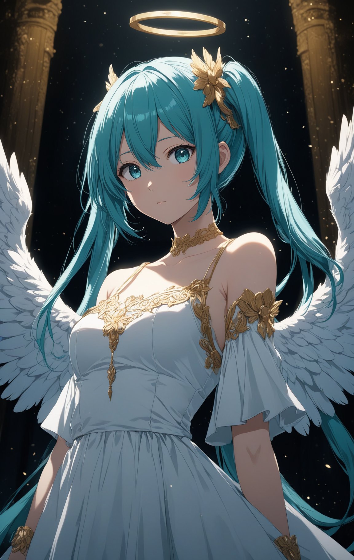 masterpiece, best quality, hatsune miku, white gown, angel, angel wings, golden halo, dark background, upper body, closed mouth, looking at viewer, arms behind back, blue theme, night, highres, 4k, 8k, intricate detail, cinematic lighting, amazing quality, amazing shading, soft lighting, Detailed Illustration, anime style, wallpaper