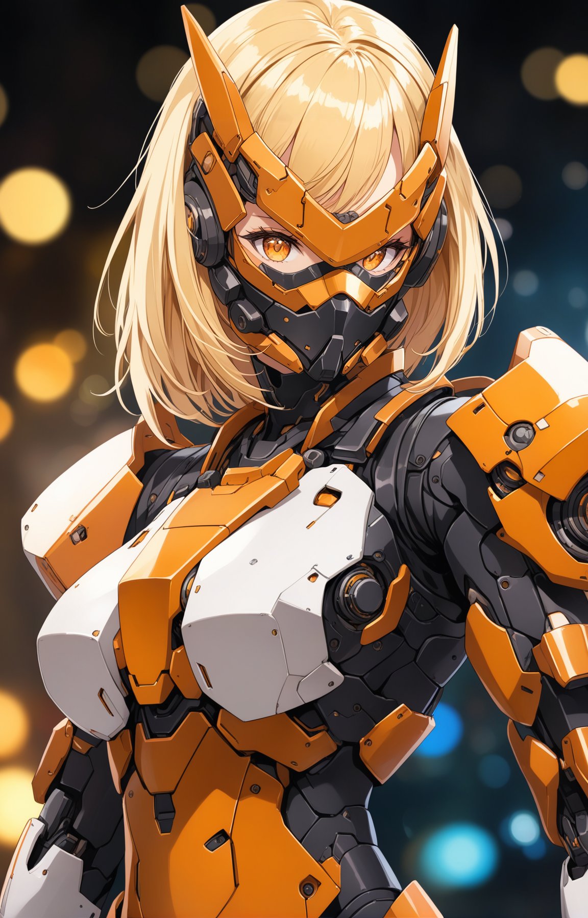 1girl, mecha suit, samurai face mask, menpo, upper body, underboob, portrait, white orange armor, blonde shimmering hair, 8K, RAW, best quality, masterpiece, ultra high res, colorful, (medium wide shot), (dynamic perspective), sharp focus , (depth of field, bokeh:1.3), extremely detailed eyes and face, beautiful detailed eyes,large breasts,black gold, trimmed gear,In a futuristic weapons factory, ((masterpiece, best quality)), niji, from side, upper body, hips