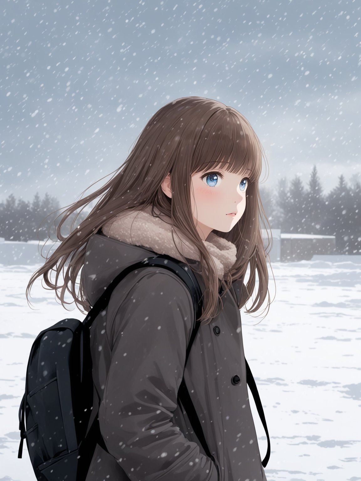 Girl, long straight brown hair with bangs, blue eyes, looks at the viewer, blush, dressed in a black coat, wears a black backpack on her back, flowing hair, wind, stands outside in the snow, snow, winter, snow is falling, blizzard, hands in pockets, it's light outside, no sun, cloudy, pastel colors, in detail