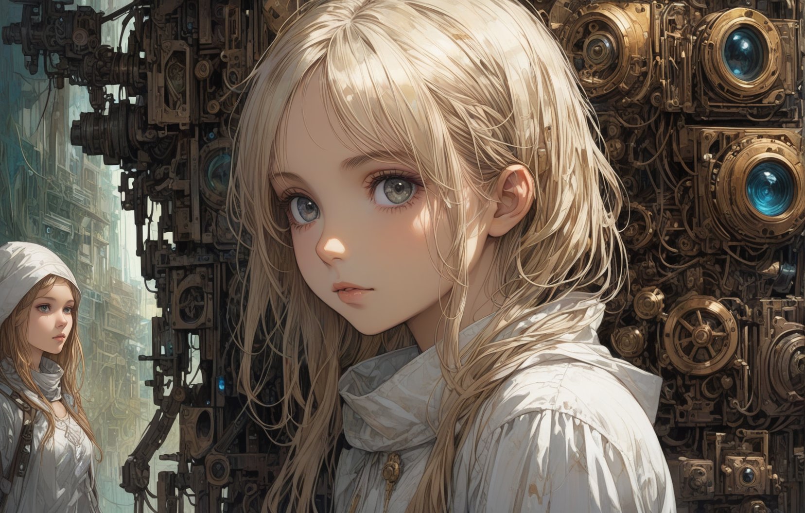 woman, fine white clothes, curiosity. Cute, shy, expressive eyes, full body shot, dark eyes, ancient mechanical devices in the background, Emily Balivet, Tim Blandin, James C. Christensen, Carne Griffiths, (1girl, portrait:0.5)