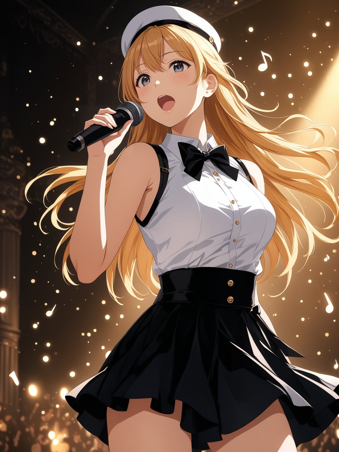 1girl , masterpiece, best quality, highres, 4k, 8k, intricate detail, cinematic lighting, amazing quality, amazing shading, soft lighting, Detailed Illustration, anime style, wallpaper, blonde, (idol clothes), ((white shirt)), short black skirt, white mini hat, sleeveless, musical note, rose hat ornament, (singing), hand on own chest, long hair, black bowtie, white hat, floating hair, bang, looking at viewer, open mouth, soldier, breasts, black high heel boots, layered skirt, mini skirt, gold shiny line on shirt