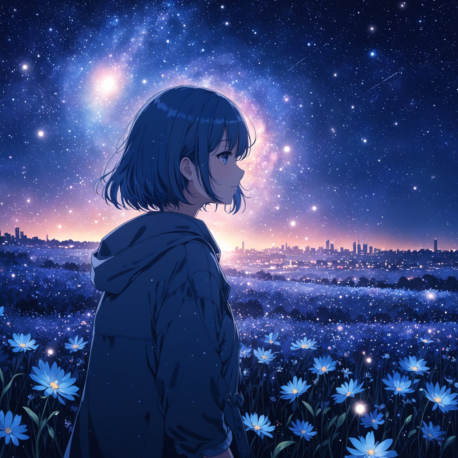 anime girl, night, blue light behind her, ((Galaxy, Lens flare)), short hair, flower field, night sky, cinematic shot. Wallpaper. (Blue color schema), detailed background, a city in the distance