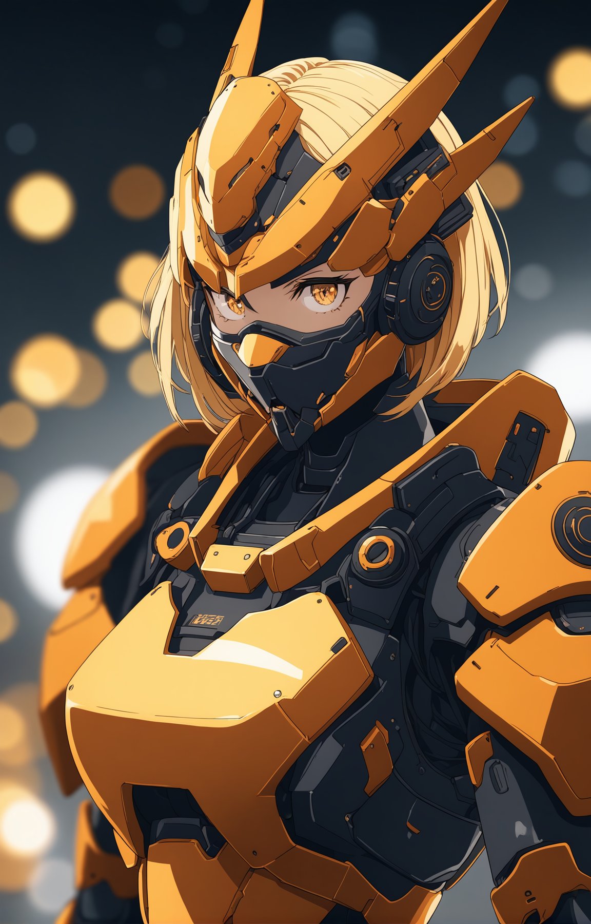 1girl, mecha suit, samurai face mask, menpo, upper body, underboob, portrait, white orange armor, blonde shimmering hair, 8K, RAW, best quality, masterpiece, ultra high res, colorful, (medium wide shot), (dynamic perspective), sharp focus , (depth of field, bokeh:1.3), extremely detailed eyes and face, beautiful detailed eyes,large breasts,black gold, trimmed gear,In a futuristic weapons factory, ((masterpiece, best quality)), niji, from side, upper body, hips