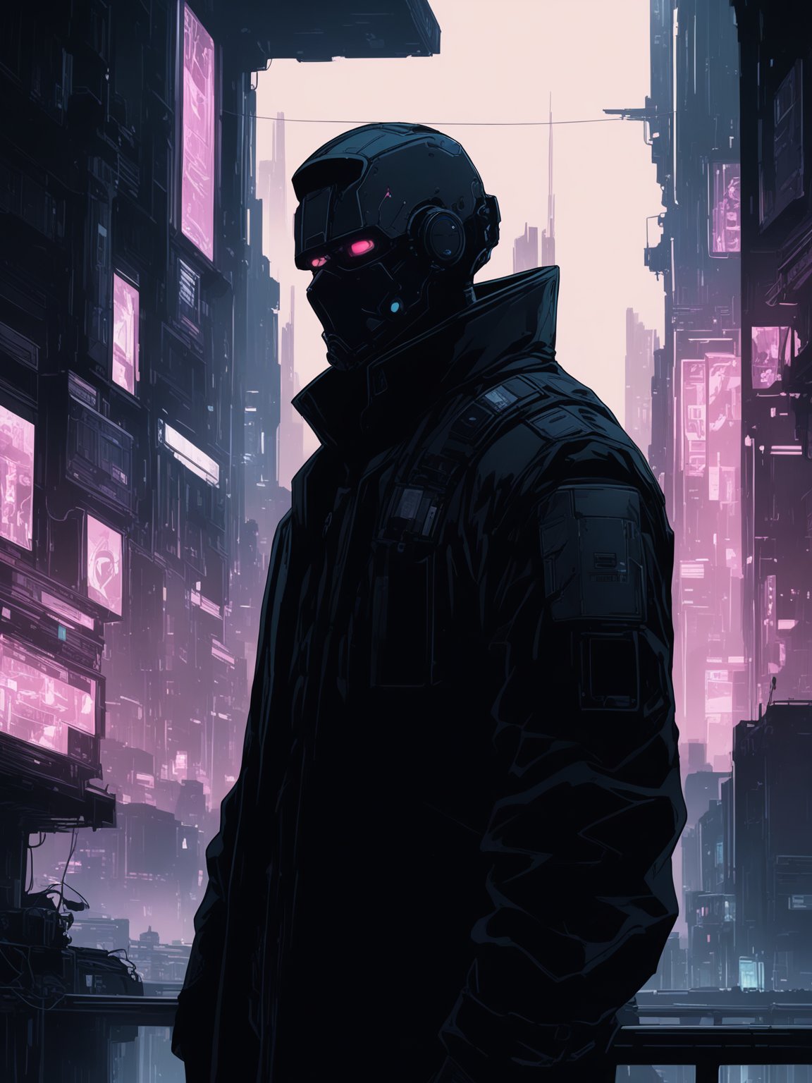 In the dystopian cityscape of cyberpunk, a mysterious figure shrouded in shadows stands, exuding an air of annoyance. The dusky fade adds an enigmatic touch to the scene as the character gazes out of the window with intense focus. The play of shadows and light creates a cinematic atmosphere, leaving viewers intrigued by the untold story behind this captivating moment. The artist's attention to detail elevates the emotional depth, making this artwork a masterpiece in the realm of cyberpunk aesthetics.