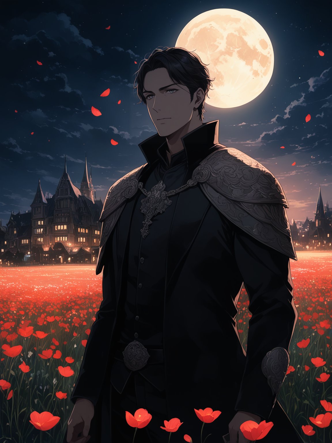 1boy, adult, handsome, broad shoulders, finely detailed eyes and detailed face, fantasy, night, dark theme, cinematic lighting, colorful, portrait, flying petal, Flowery meadow, cloudy sky, building, moon, light, dutch angle, cowboy shot