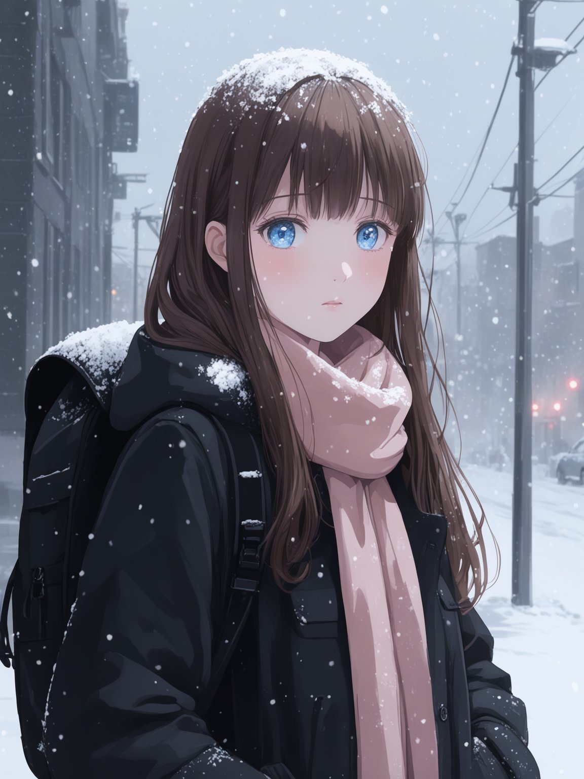 Girl, long straight brown hair with bangs, blue eyes, looks at the viewer, blush, dressed in a black coat, wears a black backpack on her back, flowing hair, wind, stands outside in the snow, snow, winter, snow is falling, blizzard, hands in pockets, it's light outside, no sun, cloudy, pastel colors, in detail