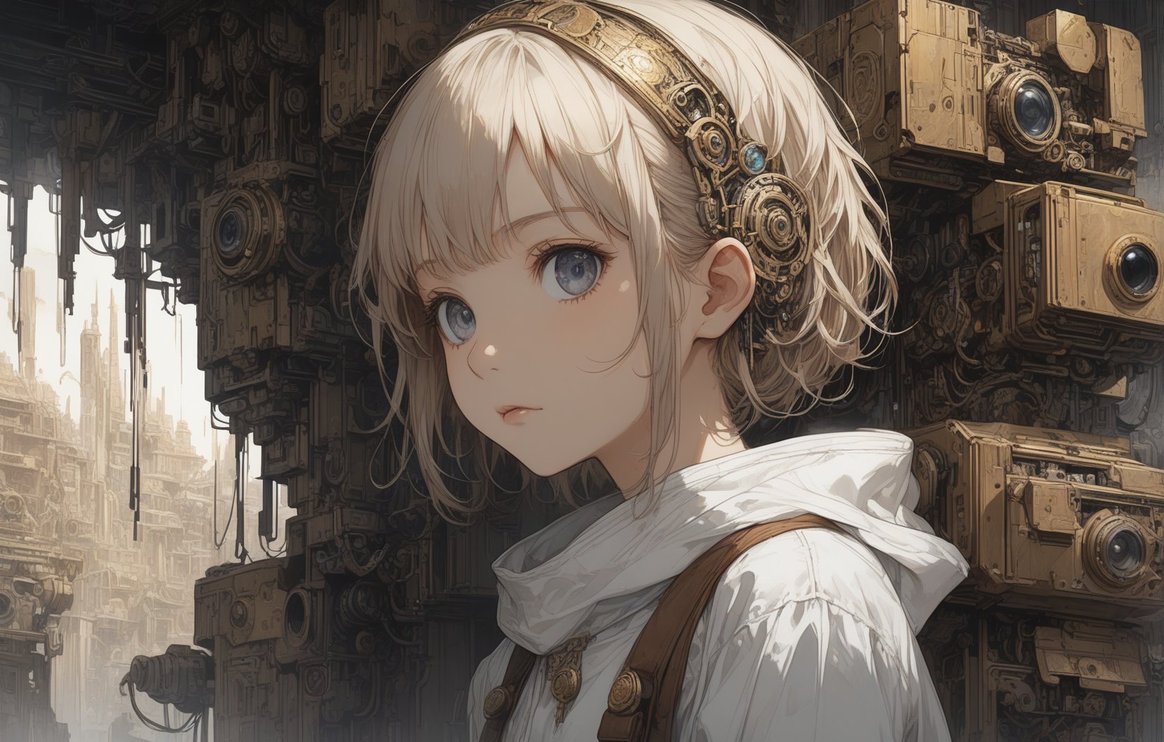 woman, fine white clothes, curiosity. Cute, shy, expressive eyes, full body shot, dark eyes, ancient mechanical devices in the background, Emily Balivet, Tim Blandin, James C. Christensen, Carne Griffiths, (1girl, portrait:0.5) <lora:aesthetic_anime_v1s:0.5>