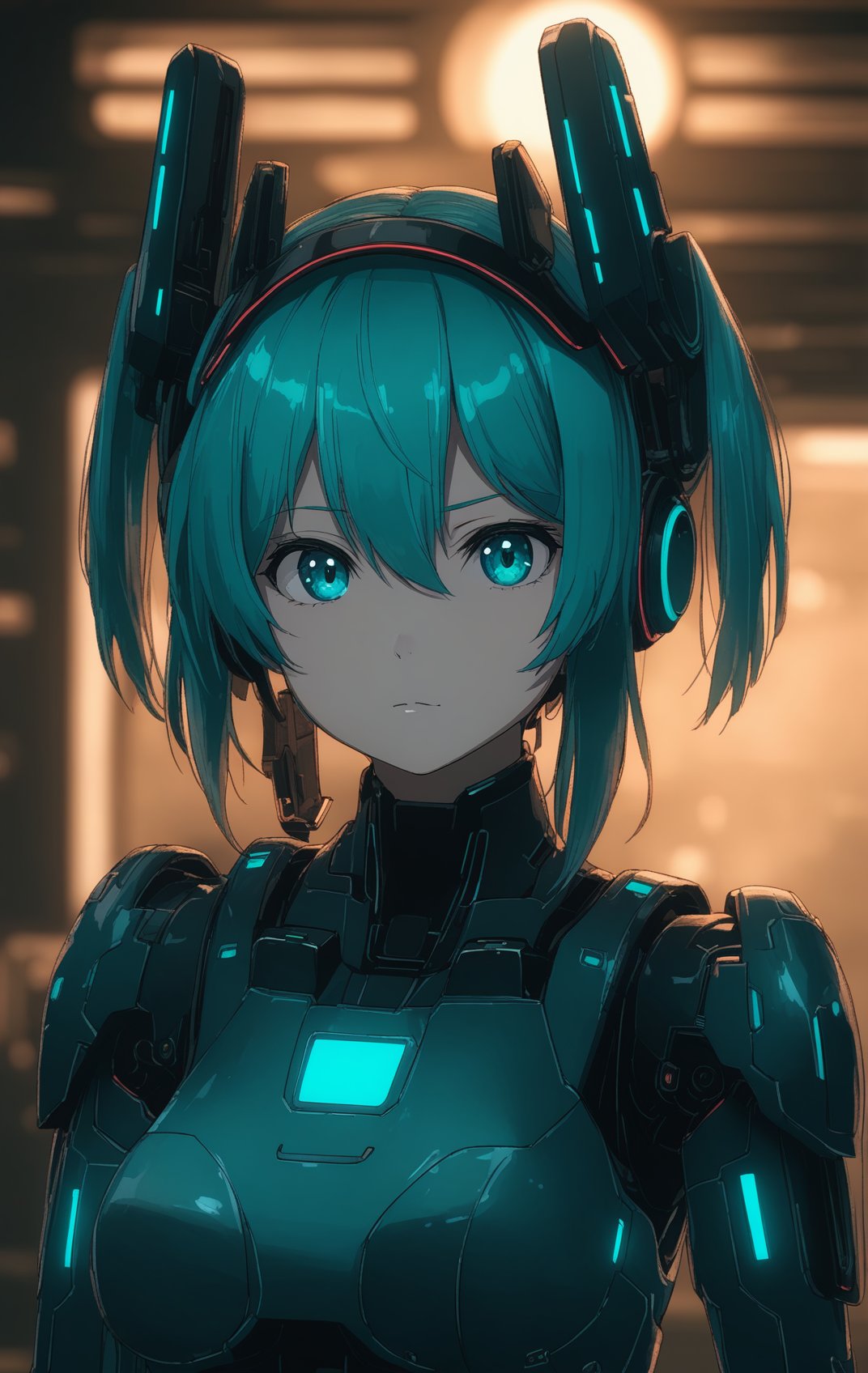 masterpiece, best quality, hatsune miku, (mecha suit:0.8), tight suit, upper body, closed mouth, looking at viewer, arms behind back, highres, 4k, 8k, intricate detail, cinematic lighting, amazing quality, amazing shading, soft lighting, Detailed Illustration, anime style, wallpaper