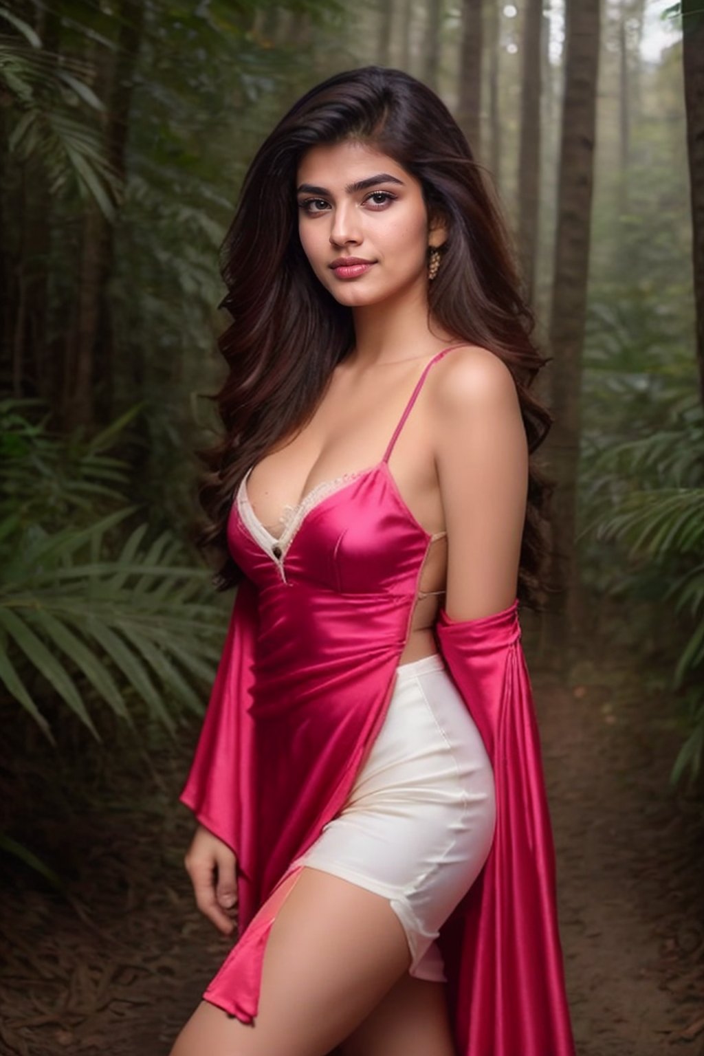 lovely cute young attractive Indian girl, a gorgeous actress, cute, an Instagram model, with long hair, a full body, head to toe, in a skin-tight dress, extra visible cleavage, pink silk dress,walking and smiling with shyness. in the dense forest full of beautiful trees,Indian Model,<lora:EMS-97102-EMS:0.800000>,<lora:EMS-65863-EMS:0.800000>,<lora:EMS-302701-EMS:1.000000>