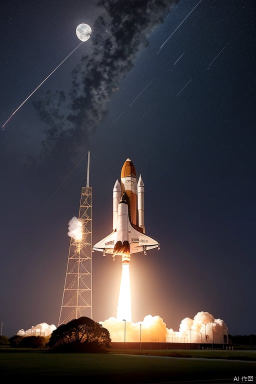 1 space shuttle is launching FROM The John F. Kennedy Space Center located on Merritt Island, Florida,, ((AT NIGHT TIME))magnificent flame and smoke, best quality, clear sky, MOON, STARS photorealistic, DonMPl4sm4T3chXL ,Renaissance Sci-Fi Fantasy,EpicSky