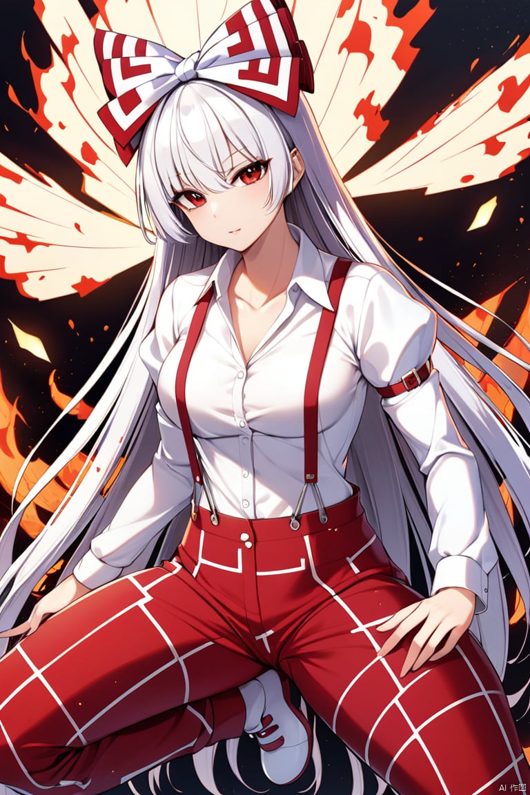  solo,masterpiece,best quality,
no_mokou_touhou, 1girl, suspenders, fire, white_shirt, pants, white_bow,red_pants