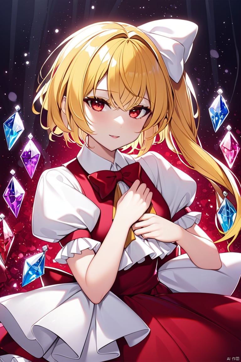  solo,masterpiece,best quality,
flandre_scarlet_touhou,scarlet_touhou, flandre_scarlet_touhou, 1girl, crystal, puffy_short_sleeves, white_shirt,red_vest