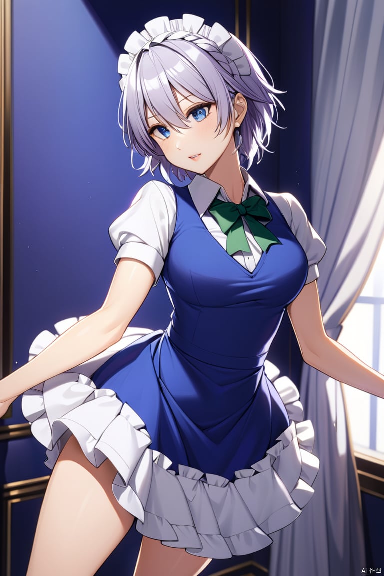  solo,masterpiece,best quality,
sakuya_touhou, izayoi_sakuya_touhou, 1girl, blue_dress, puffy_short_sleeves, waist_apron,