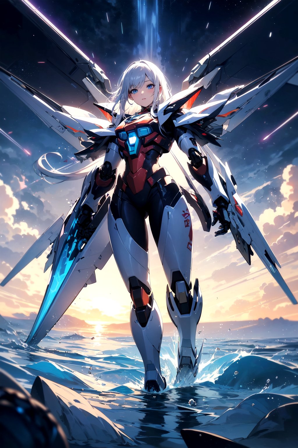 (masterpiece), (best quality), illustration, ultra detailed, hdr, Depth of field, (colorful), parameters (Highest picture quality), (Master's work), bubble, fantastic, girl in star, full body, water surface, the water stretches as far as the eye can see. 1girl, white hair, long hair, bangs, blue eyes, aurora, cloud, cloudy_sky,, tqj-hd, circuitboard, mechanical,Mecha, BJ_Gundam_SDXL, holographic, Chinese ancientpaintings