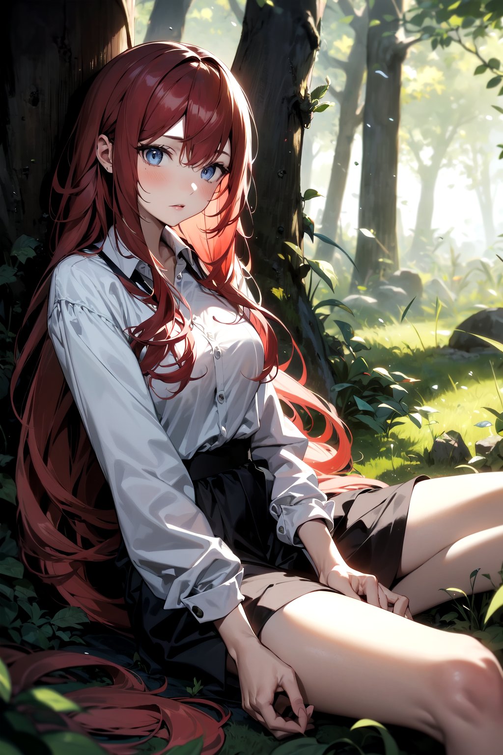 absurdres,1girl,red hair,long hair,forest