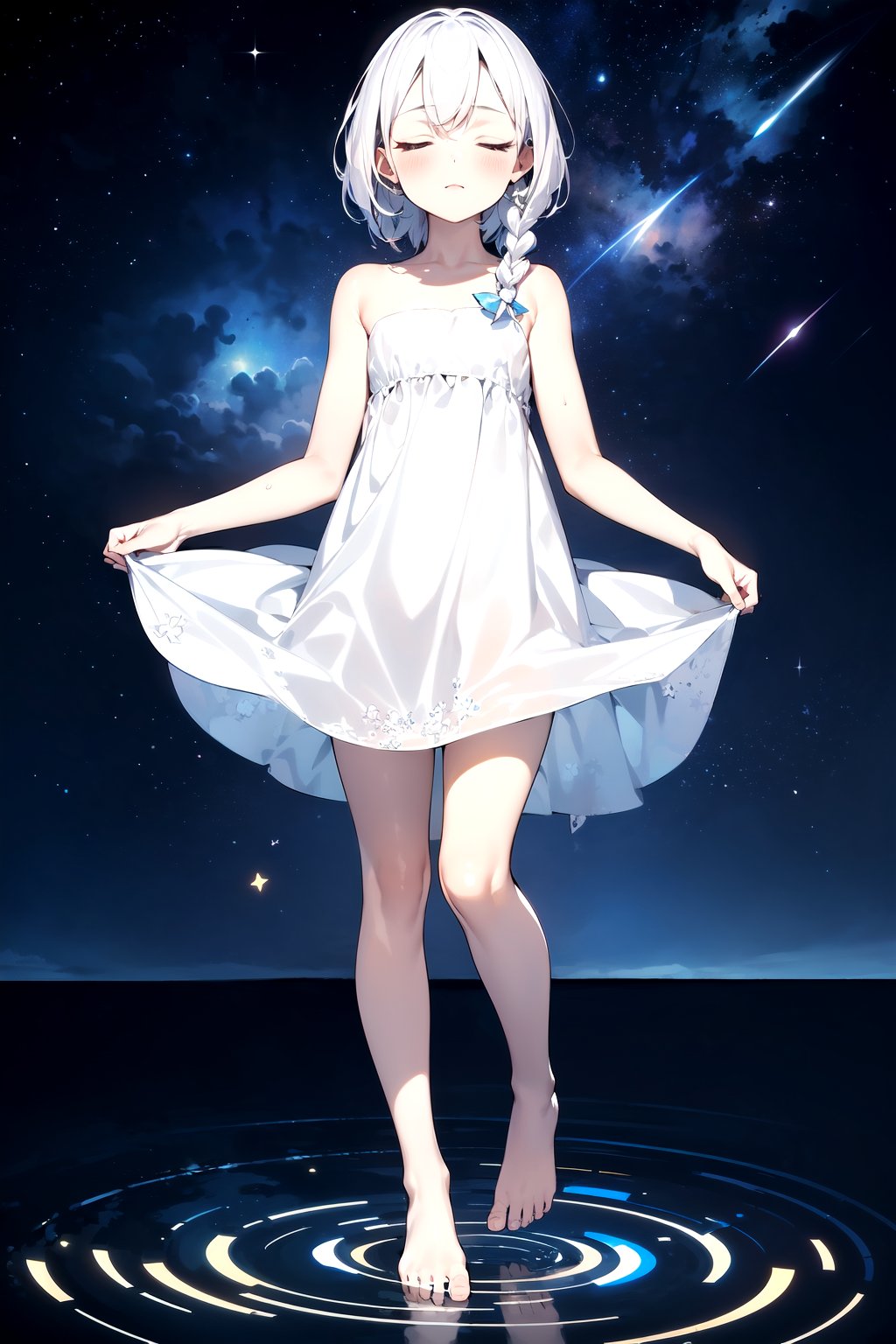 (masterpiece),(best quality),loli,(green, silver, glimmer)),qua theme,cold theme,broken glass,broken wall,((an array of stars)),((starry sky)),the Milky Way,star,Reflecting the starry water surface,(1girl:1.3),awhite hair,blinking,white dress,closed mouth,constel lation,noline art,white hair,braid,blinking,white robe,barefoot,float,flat color,looking up,standing,medium hair,standing,solo,space,universe,Nebula,many stars,fanxing,