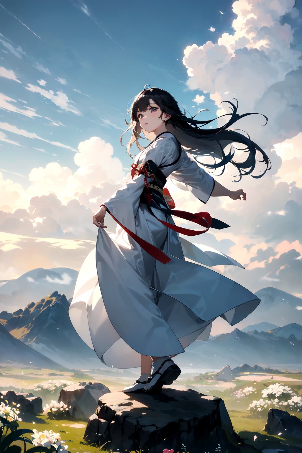 (8k, original image, best quality, masterpiece:1.2),aerial garden,(A girl lazily stood on a rock watching the scenery),(Beautiful facial features, extremely beautiful face),(Hanfu long skirt:1.2),White Hanfu,The ancient tea trees on both sides of her are covered in white flowers,(Fisheye view),whole body,solo,atmospheric lighting,Ancient Chinese Architecture,The foreground is a Chinese style circular arch,Far away is a mountain hidden in the clouds,White flowers,wind,cloud,atmospheric lighting,physics based rendering,viewers,DUNHUANG_CLOTHS,hanstyle,1_girls,chinese,