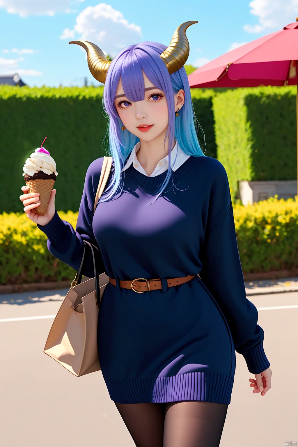  1girl, solo, long hair, breasts, looking at viewer, blush, bangs, long sleeves, dress, holding, hair between eyes, closed mouth, blue hair, purple eyes, flower, ahoge, pantyhose, sidelocks, outdoors, food, horns, sky, alternate costume, day, belt, cloud, bag, sweater, black pantyhose, petals, holding food, casual, handbag, ice cream, sweater dress, goat horns, falling petals, ice cream cone, purple sweater, ganyu \(genshin impact\)