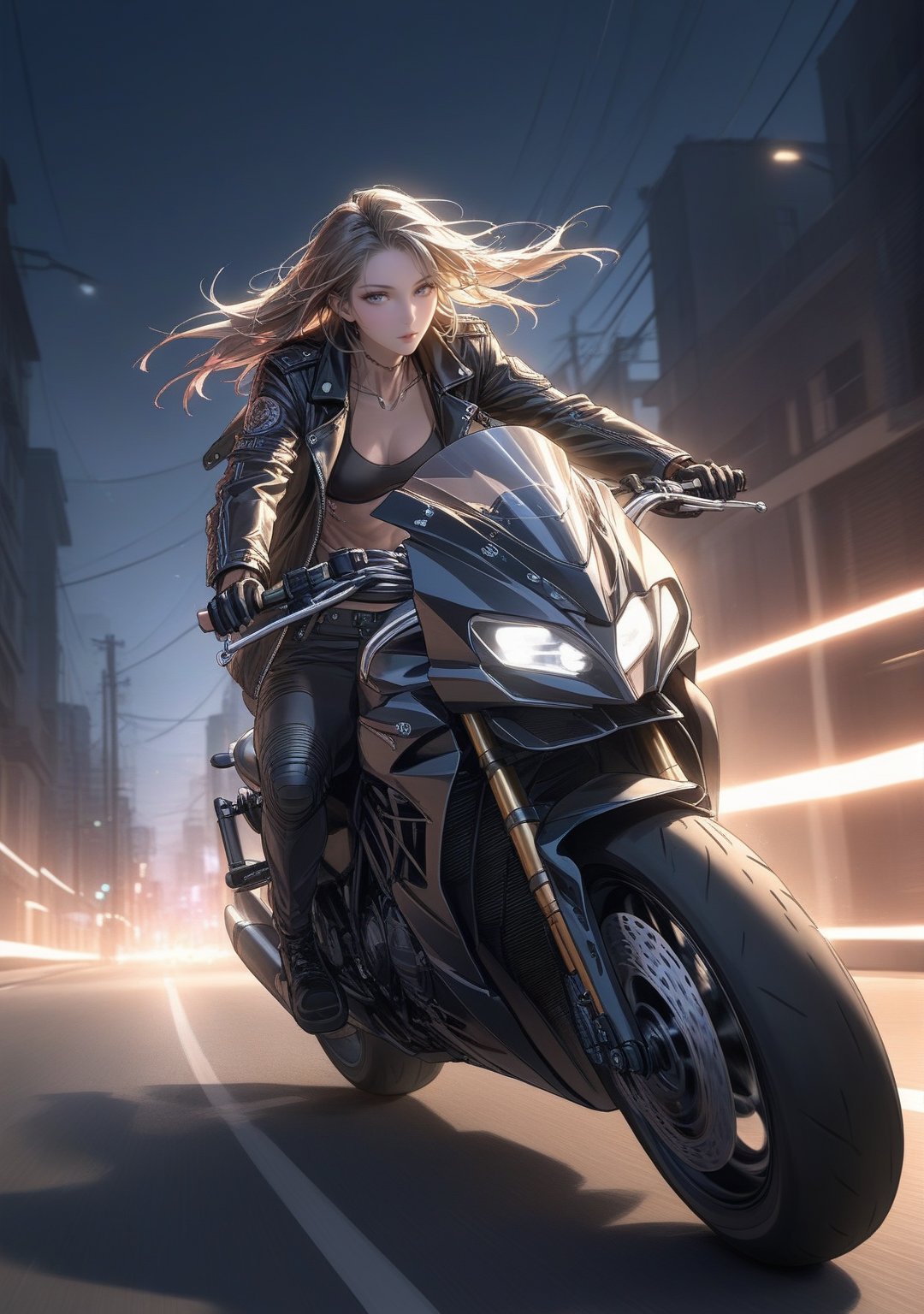 a highly detailed epic cinematic concept art CG render digital painting artwork: mature female biker with toned abs, flat chest, wearing a biker jacket, riding a motorcycle with speed lines, street background, detailed face, solo focus, night time, official art, 4k, wallpaper, subtle muted cinematic colors, excellent composition, dynamic dramatic cinematic lighting, precise correct anatomy, aesthetic, very inspirational, arthouse