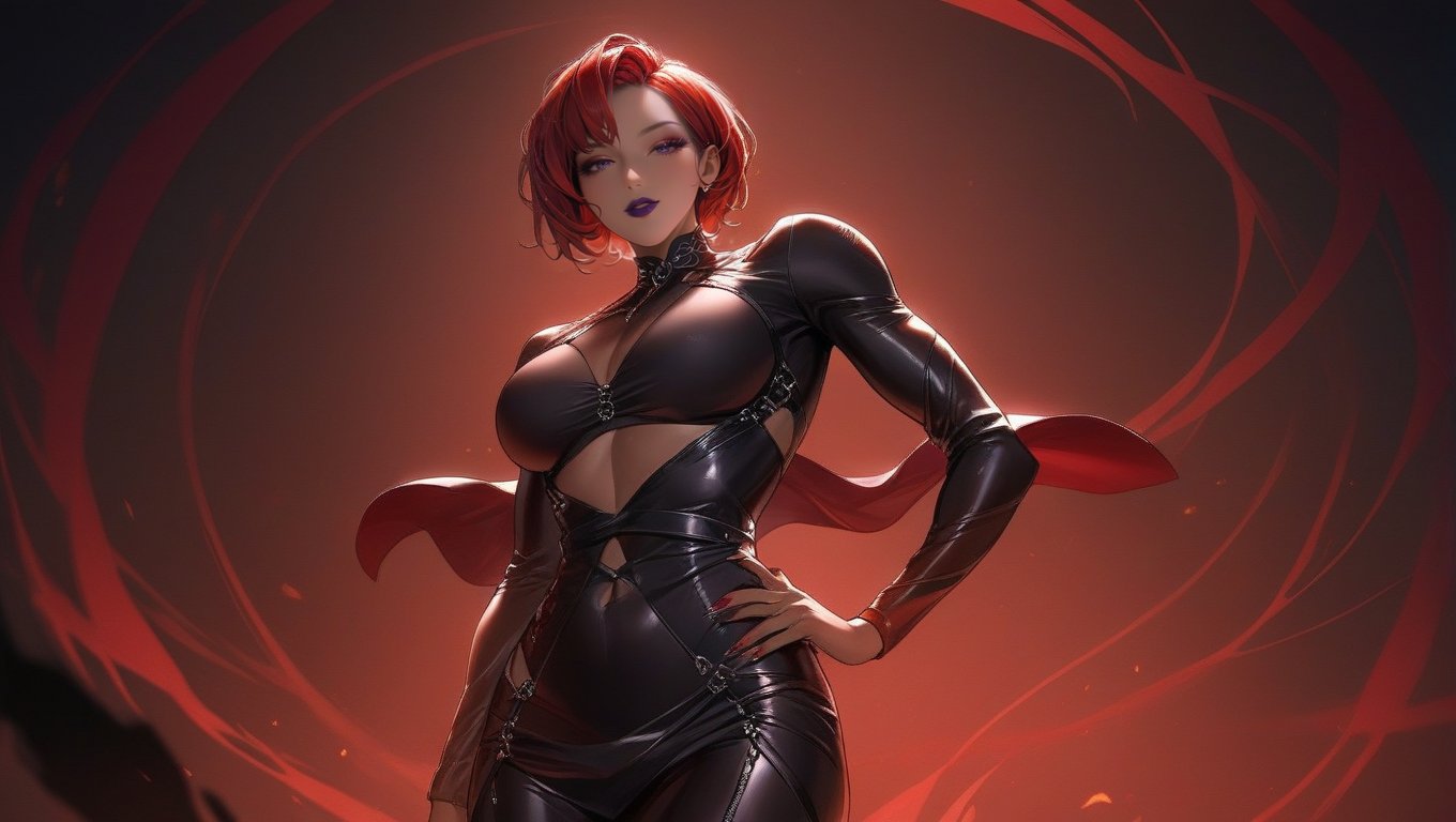 A confident and alluring 30-year-old woman with striking red hair, a curvy figure, and an intimidating, dangerous smile, wearing a dress ,She has short hairstyle, black lips, and a bold, bad-girl look. looking directly at the viewer with a solo focus,abdominal muscles,skindentation,covered_abs,very_high_resolution, ,detailed,brown_skin,dark_skinned_female,full_sleeves sweatshirt,tight_clothes,skindentation