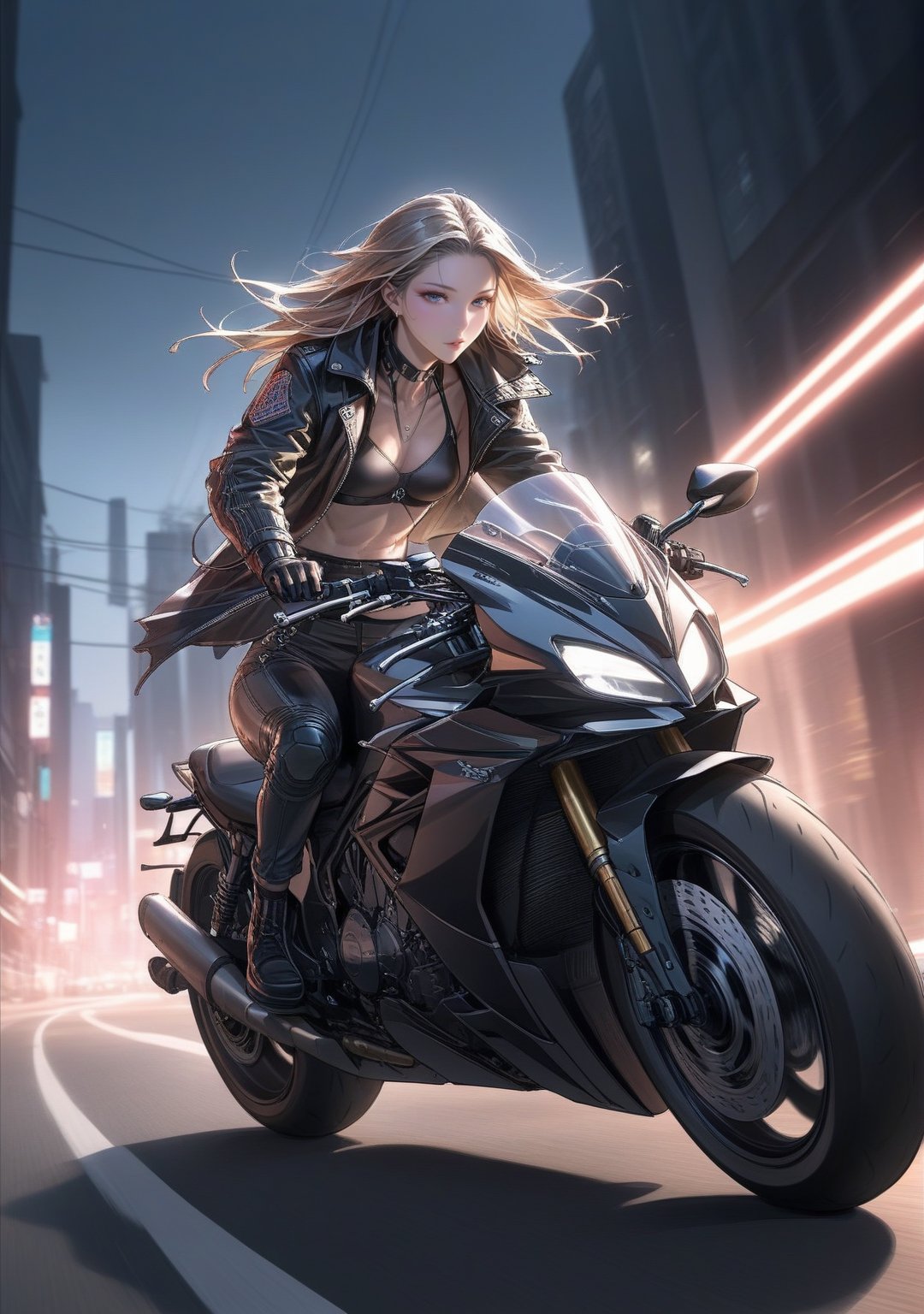 a highly detailed epic cinematic concept art CG render digital painting artwork: mature female biker with toned abs, flat chest, wearing a biker jacket, riding a motorcycle with speed lines, street background, detailed face, solo focus, night time, official art, 4k, wallpaper, subtle muted cinematic colors, excellent composition, dynamic dramatic cinematic lighting, precise correct anatomy, aesthetic, very inspirational, arthouse