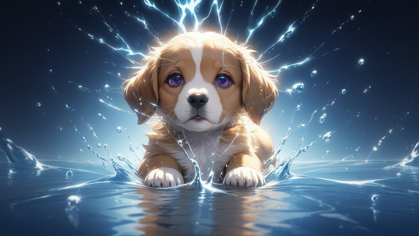 Ultra realistic illustration. Macro view,water explosion on a glass, scattering of water particles as flow of electricity, scattering water drops over the glass, a small cute puppy is inside the glass, amazing details, perfect lighting and  reflections, unreal engine 5, RTX on, ultra HD, 8k, intricate, masterpiece