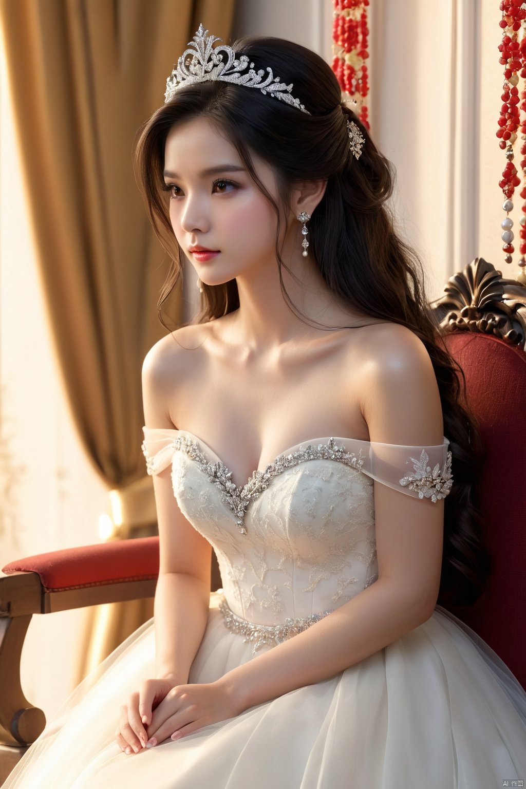 风格;masterpiece,bestquality,8k,4k,Filmtexture,
人物;1girl,solo,blackhair,long_hair,brown_eyes,lips,collarbone,breasts,bareshoulders,
服饰;dress, jewelry,earrings,white dress, strapless,tiara,straplessdress,weddingdress,
动作;sitting,
场景; dusky,indoors, chair,,