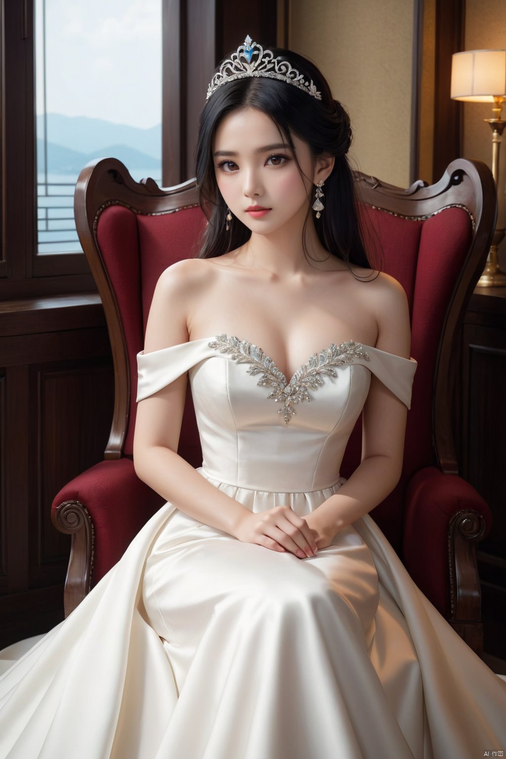 风格;masterpiece,bestquality,8k,4k,Filmtexture,
人物;1girl,solo,blackhair,long_hair,brown_eyes,lips,collarbone,breasts,bareshoulders,
服饰;dress, jewelry,earrings,white dress, strapless,tiara,straplessdress,weddingdress,
动作;sitting,
场景; dusky,indoors, chair,,