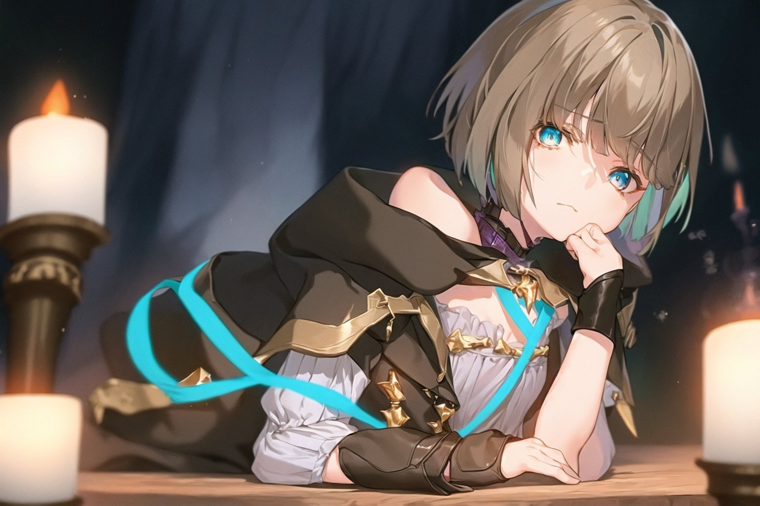 1girl, <lora:gretel:1>, gretel, gretelsin ,teal eyes, short hair, bob hair, brown boots, brown torn dress,  glowing  teal ribbon, brown hood, lying on a table, full body, at candlelight library,  looking at viewer, dynamic angle, masterpiece, best quality, depth of field