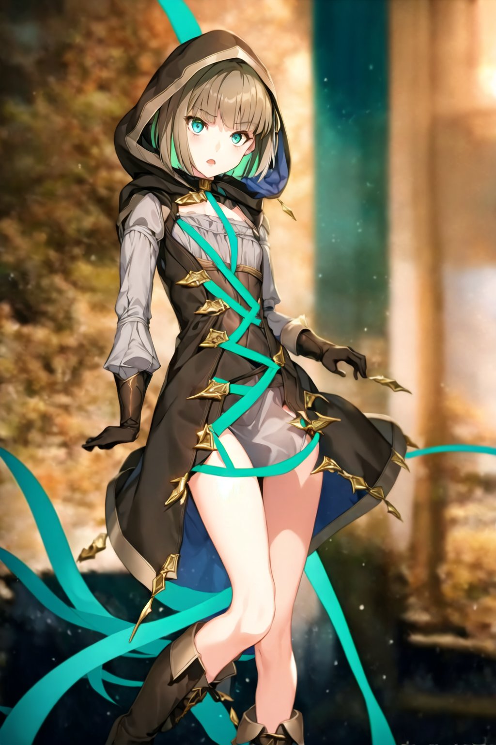 1girl, <lora:gretel:1>, gretel, gretelsin ,teal eyes, short hair, bob hair, brown boots, brown dress,  long teal ribbon, brown hood, dynamic pose, full body,  looking at viewer, dynamic angle, masterpiece, best quality, depth of field,