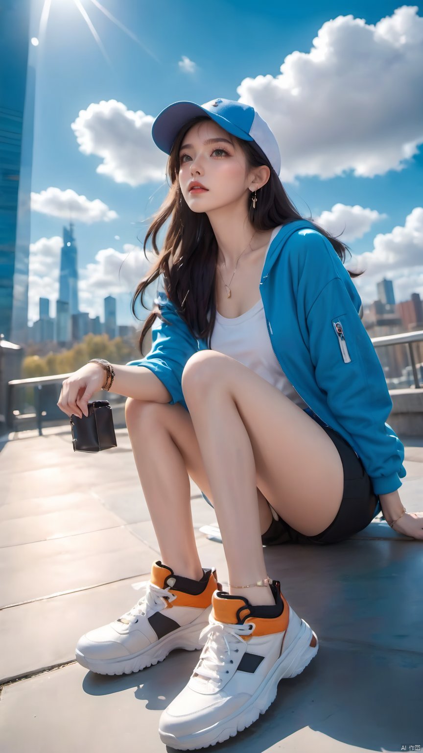  1girl,baseball cap,black hair,blue sky,blurry background,building,choker,city,cloud,cloudy sky,day,depth of field,earrings,Looking up,From below,from below,full body,Hoodies and pants,Sitting posture,hat,jacket,jewelry,lips,long hair,looking at viewer,motion blur,outdoors,shoes,sitting,sky,skyscraper,sneakers,solo,sole,Shoes close to the camera, glow, hand