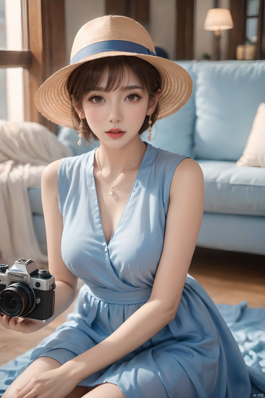 1girl,brown eyes,camera,earrings,hat,holding,Hand held camera,Close ups,Elbow supported on cloth mat,Blue dress,Sitting posture,indoor,jewelry,lips,looking at viewer,open mouth,realistic,short hair,solo