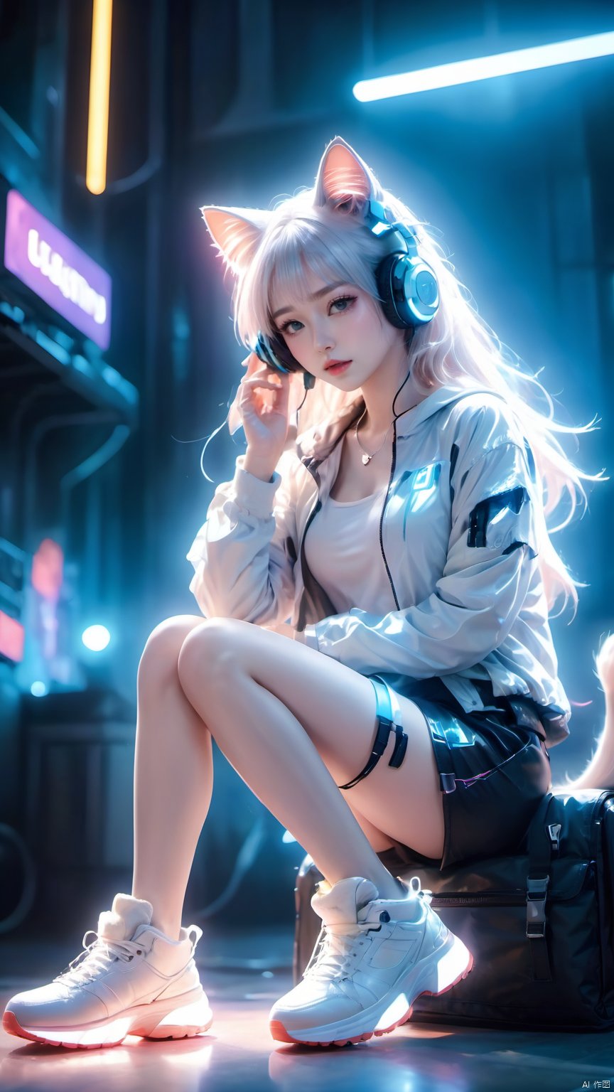 1girl,animal ears,Waist bag,bangs,cat ear headphones,cat ears,cyberpunk,headphones,headset,Combat clothing,Sitting posture,Luminous,Multi light source clothing,indoor,Oblique lateral body,full body,science fiction,Luminous clothing,Future technological background,jacket,lips,long hair,looking at viewer,neon lights,night,shoes,sitting,solo,white footwear,white hair, glow, hand,Hazy light,Floodlight, 1girl