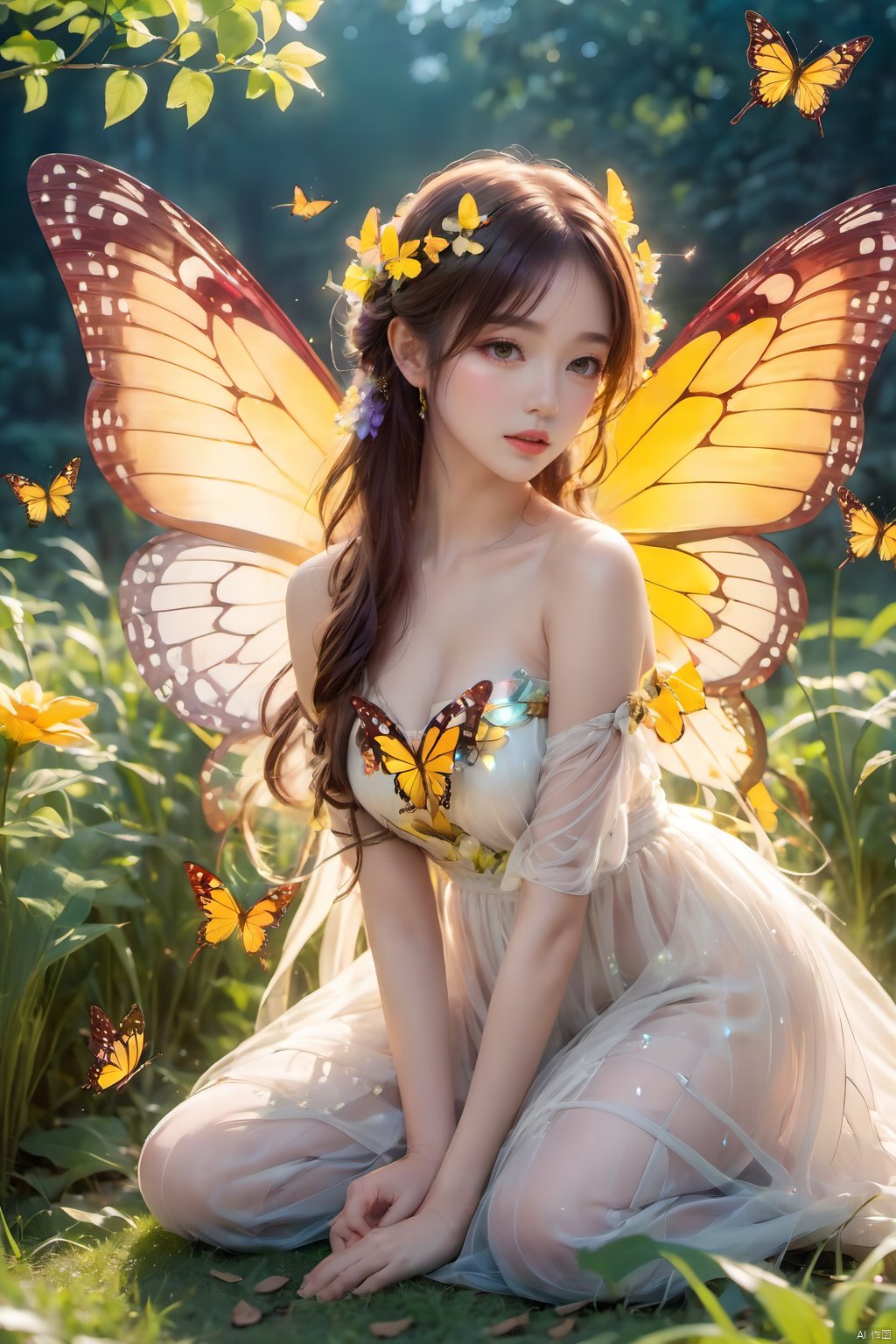 1girl,barefoot,butterfly,butterfly hair ornament,butterfly net,butterfly wings,dress,fairy,fairy wings,flower,glowing butterfly,Kneeling posture,hair ornament,grass,leaf,lips,long hair,Supporting hands on the ground,looking at viewer,nature,outdoors,plant,sitting,solo,white dress,wings,yellow flower