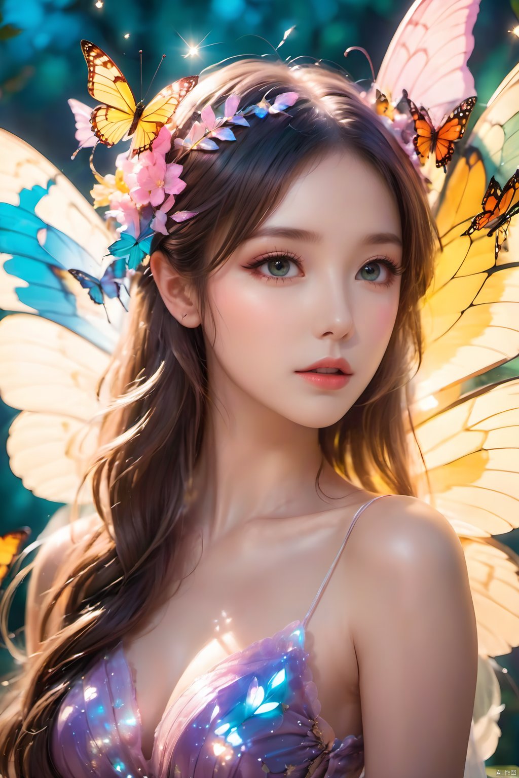 1girl,Butterflies on the Head, antennae, blue butterfly, blue wings, blurry, blurry background, brown hair, butterfly, butterfly hair ornament, butterfly on hand, butterfly wings, cleavage, fairy, fairy wings, flower, flying, glowing butterfly, glowing wings, green wings, hair ornament, ice wings, insect wings, lips, long hair, medium breasts, motion blur, multicolored wings, nature, pink wings, pointy ears, purple wings, solo, transparent wings, white butterfly, white wings, wings, yellow butterfly, yellow wings,Dawn Elf,dawn,glow,Glowing wings,Dress,Multiple butterflies,Glowing Butterfly,Super large wings, pink fantasy, mLD, guidao