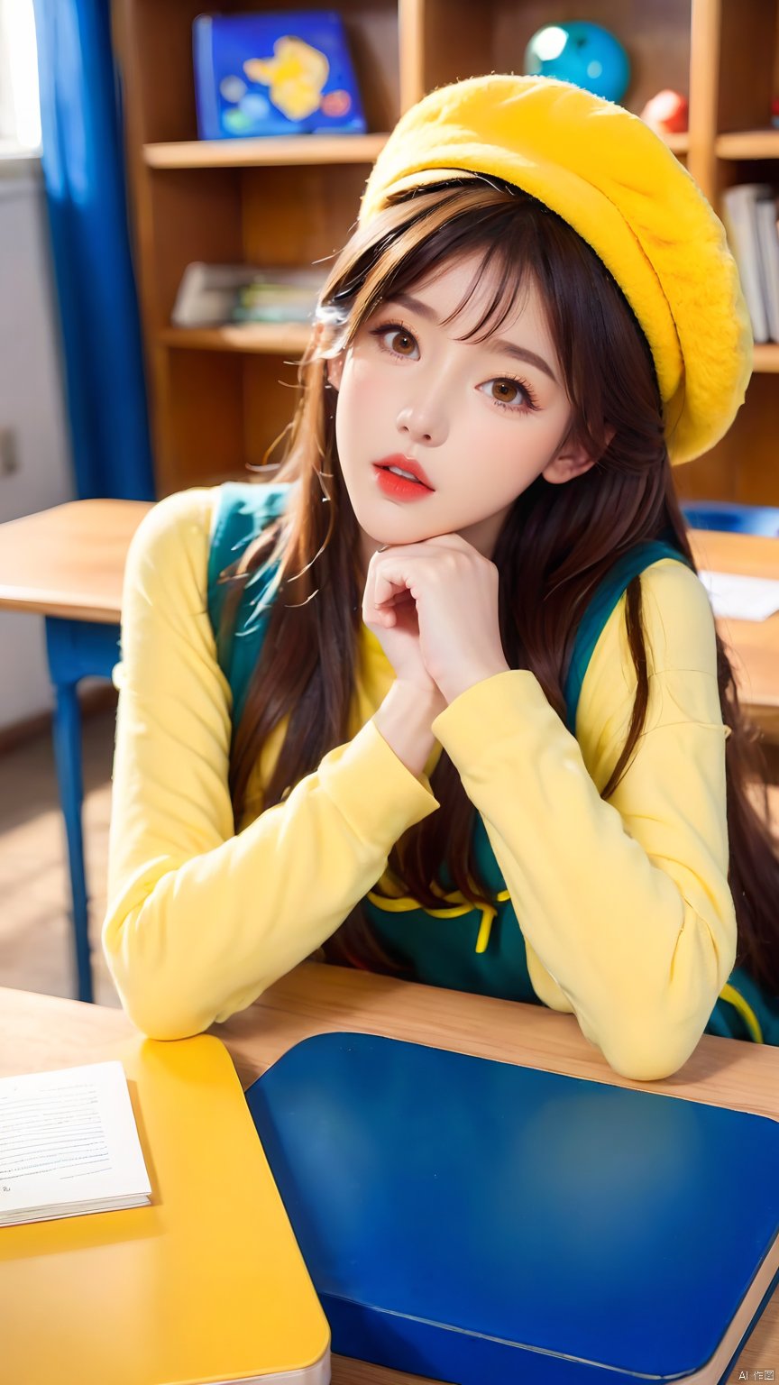  1girl,black hair,brown eyes,brown hair,classroom,closed mouth,crossed arms,desk,hat,indoors,Lying on the yellow desk,lips,long hair,long sleeves,looking at viewer,nose,red lips,sleeves past wrists,solo,sweater,table,upper body,Yellow vest, glow, hand