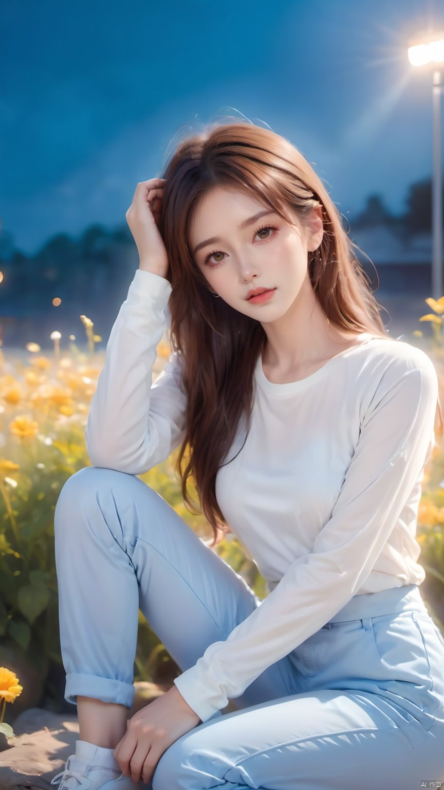 1girl,brown eyes,brown hair,hand on own head,lips,long hair,long sleeves,Elbow supported on knee,Girl's posture,White top,Sky blue pants,Hand close to face,Lifting with one foot,looking at viewer,nose,parted lips,realistic,shirt,sitting,solo, glow, hand,Hazy light,Floodlight, 1girl