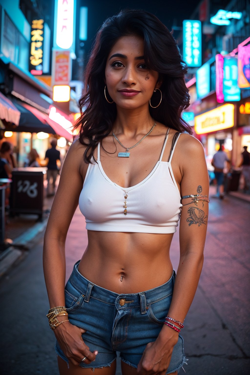 Cyberpunk style, Neon light, city background ,1girl, solo, long hair, 1girl, solo, navel, jewelery earrings, midriff, bracelet, realisticbreasts, looking at viewer, smile, large breasts, black hair, navel, cleavage, jewelry, earrings, shorts, midriff, indoors, bracelet, hand on hip, bed, tank top, realistic,80' Malayalam actress unni mary,photorealistic,80' girl,Mallu old actress,Malayalam movie actress unni mary:1.5,CyberpunkWorld