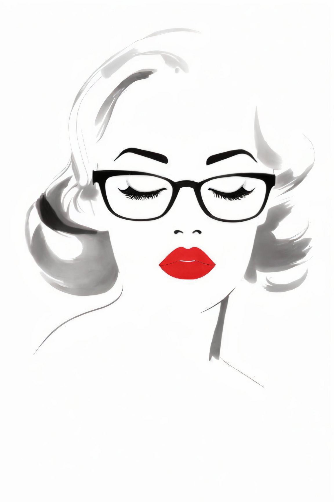 Fashion Illustration, 1girl,solo,simple background,white background,closed eyes,glasses,lips,eyelashes,makeup,lipstick,facing viewer,spot color,black-framed eyewear,red lips,limited palette,<lora:EMS-302876-EMS:0.800000>