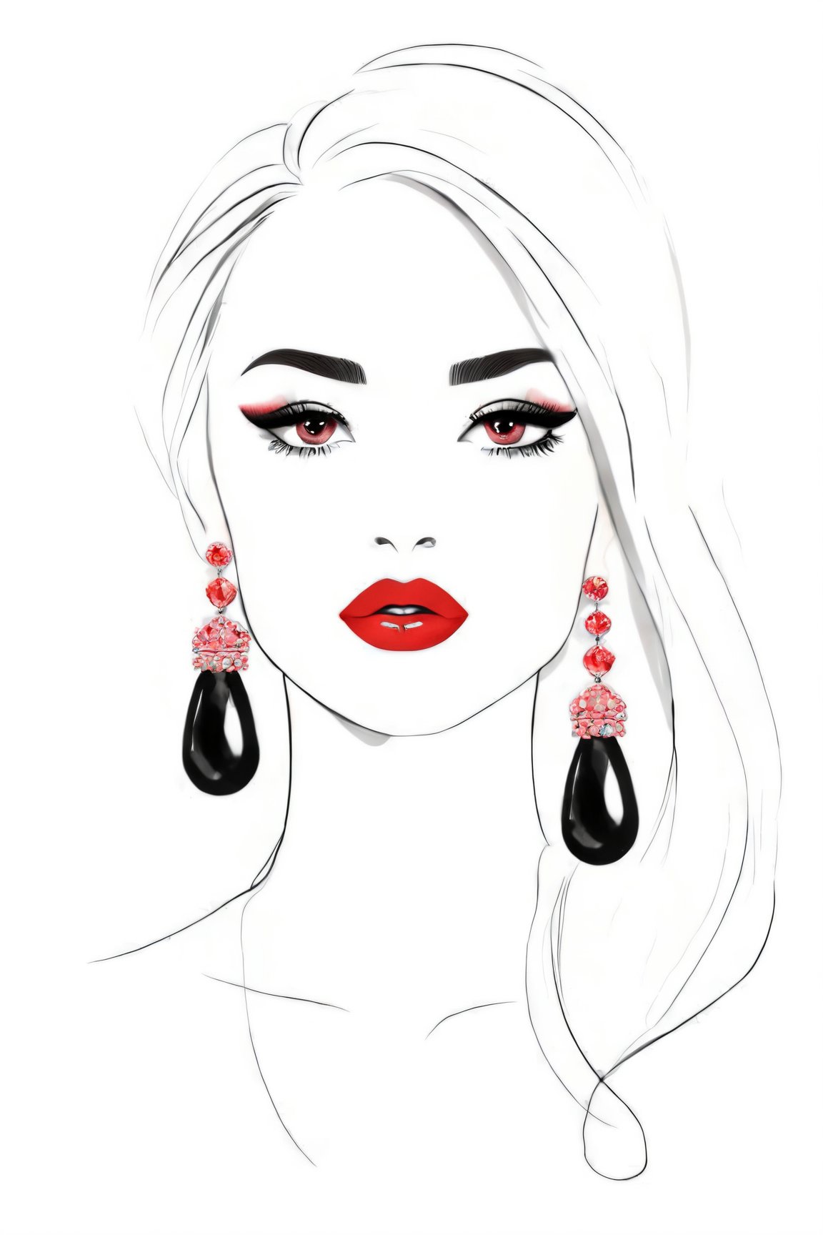 Fashion Illustration, 1girl,solo,long hair,simple background,white background,jewelry,earrings,hair over one eye,black eyes,makeup,lipstick,red lips,<lora:EMS-302876-EMS:0.800000>