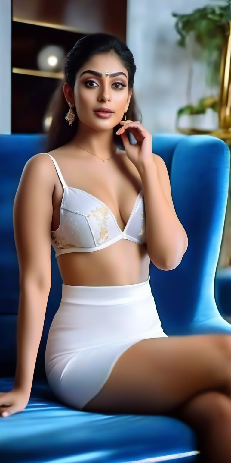 (highest quality,4k,8k,high resolution,masterpiece:1.2),highly detailed,(realistic,realistic,realistic:1.37),((full body photo)),beautiful girl,cinematic,detailed symmetrical hazel eyes,glittering eyes, White lingerie, full body show, sitting on sofa in luxury furniture store,
hourglass body type,80' Malayalam actress unni mary