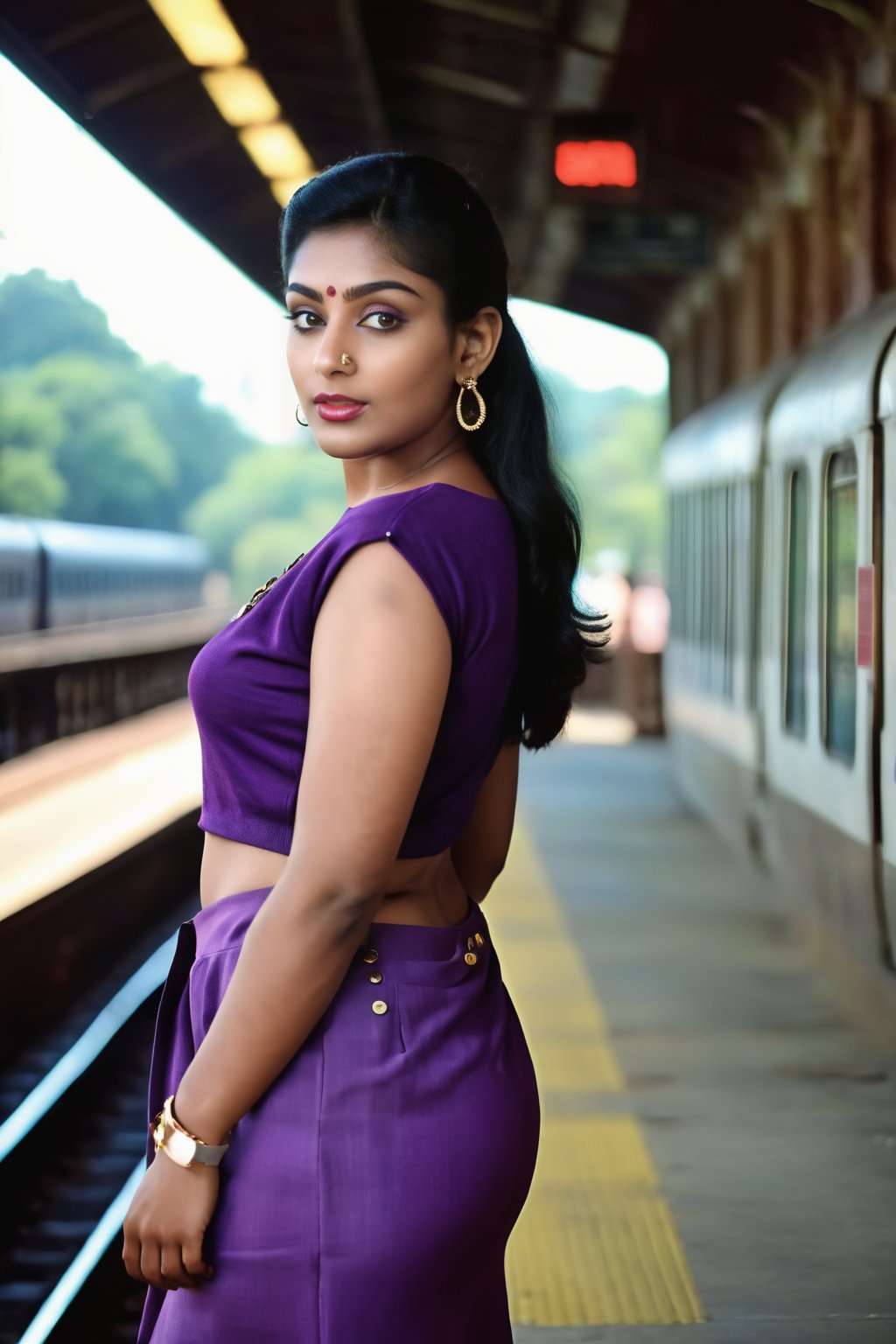 Ultra realistic full body photo of Mallu 80's female model, unni mary, modeling upscale dolman sleeve travel inspired grunge knit silk outfit with cool metallic elements zippers buttons clips  in new york,Railway station,Thrissur,80' girl