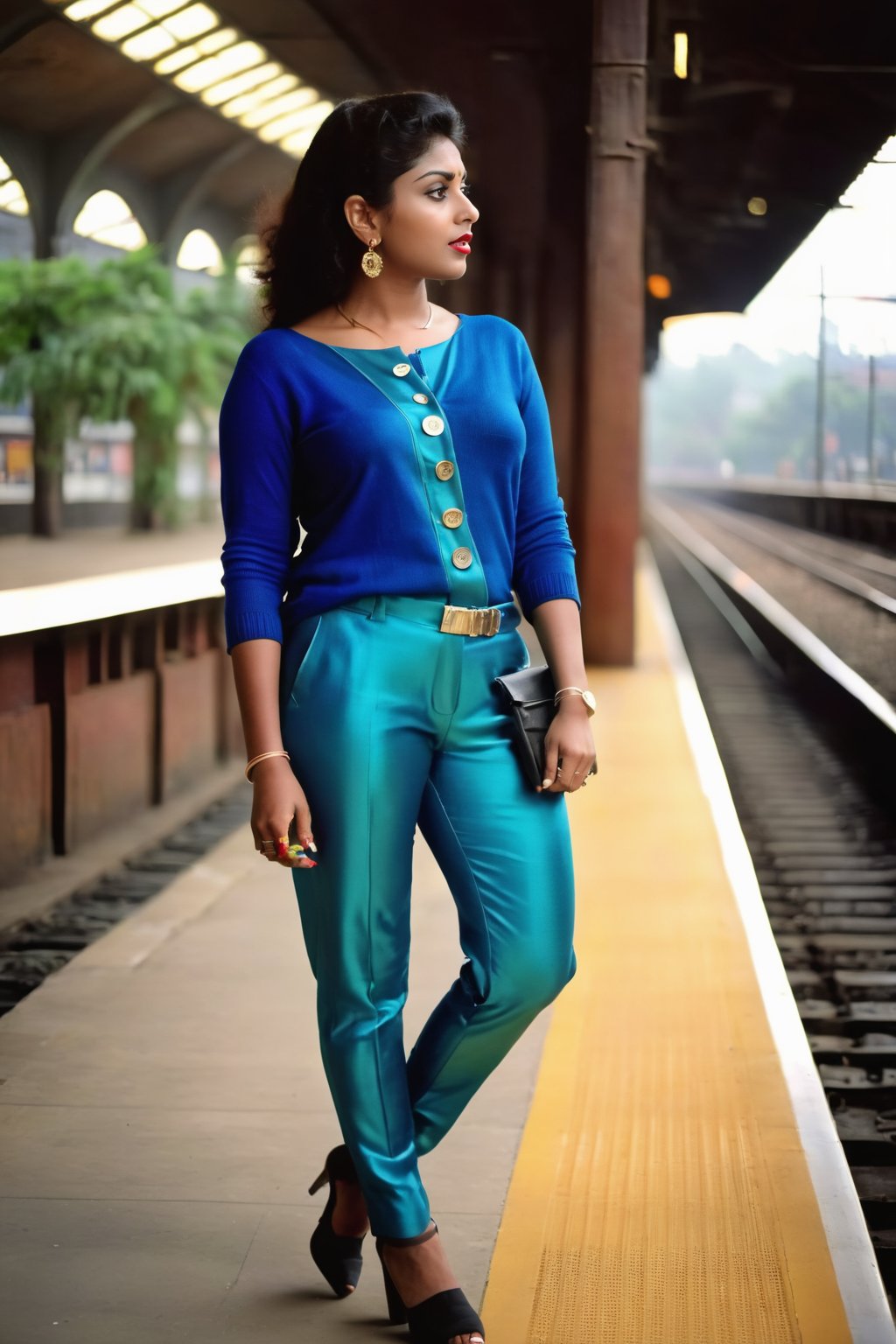 Ultra realistic full body photo of Mallu 80's female model, unni mary, modeling upscale dolman sleeve travel inspired grunge knit silk outfit with cool metallic elements zippers buttons clips  in new york,Railway station,Thrissur,80' girl,science fiction