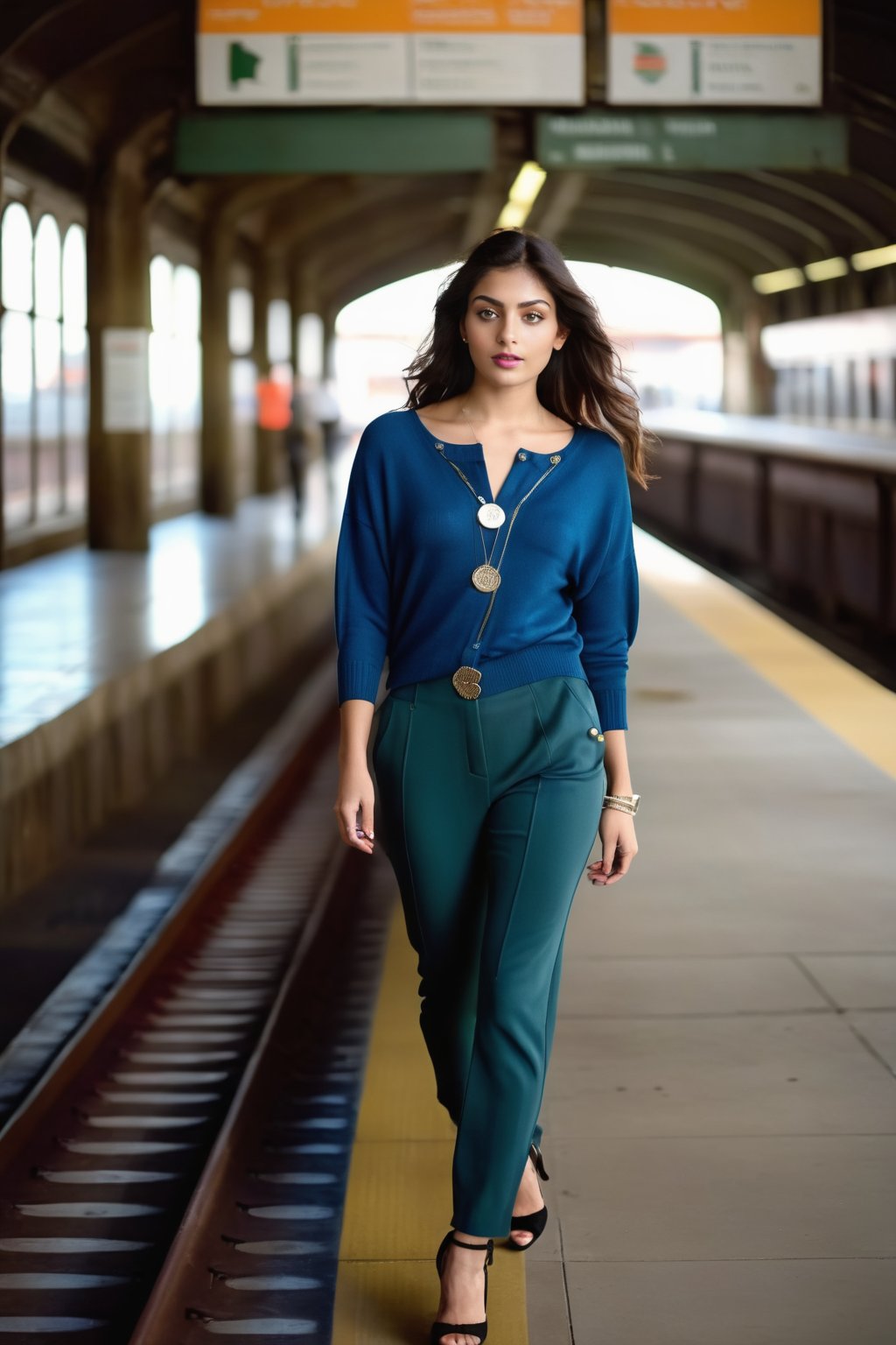 Ultra realistic full body photo of petite  italian female model  modeling upscale dolman sleeve travel inspired grunge knit silk outfit with cool metallic elements zippers buttons clips  in new york,Railway station,Thrissur,80' girl