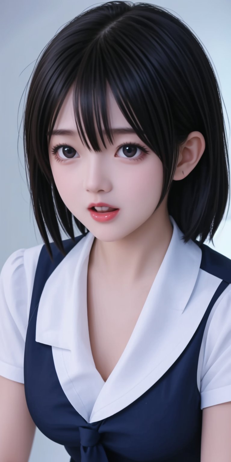 (((8k, best quality, masterpiece:1.2),(best quality:1.0), (ultra highres:1.0))), realistic, RAW, a beautiful girl,  20 years old,  ((hair clips)),((blue white sailor uniform, school uniform, tie, small round breast)), from head to waist, extremely luminous bright design, neon lights, ((short hair)),  amazing eyes, details eyes, (((dynamic pose))), ((dark school background)), ((happy)), slim body, brown hair, (((open mouth))), shocked face, happy,,,,<lora:659111690174031528:1.0>