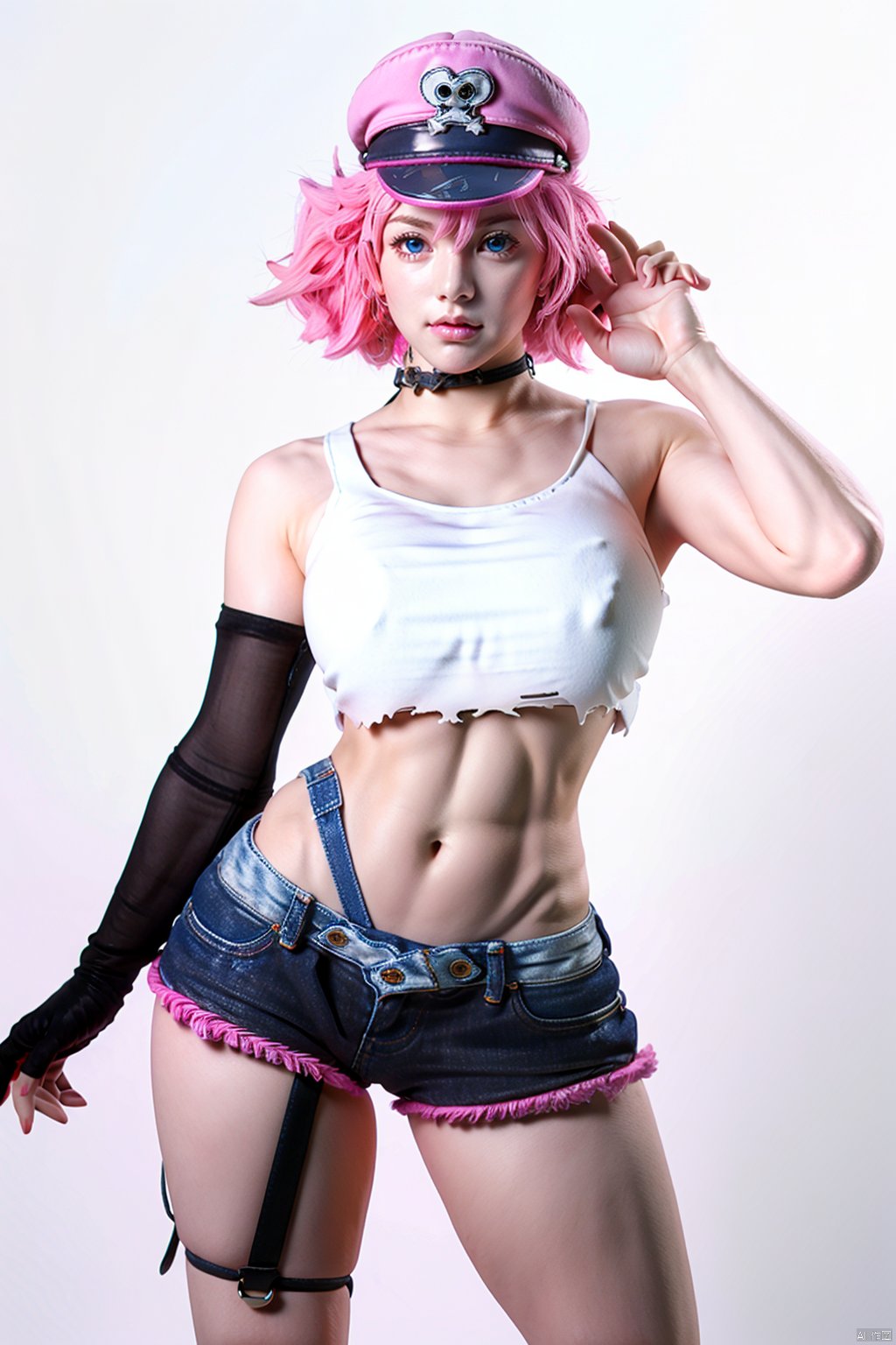 Full body, masterpiece,best quality,face detail,extreme detail,8k,white background,,poisonsfv,1girl,solo,breasts,looking at viewer,short hair,blue eyes,large breasts,gloves,hat,navel,pink high heels, hair,shorts,choker,black gloves,elbow gloves,midriff,belt,fingerless gloves,nail polish,lips,crop top,torn clothes,makeup,abs,tank top,denim,lipstick,peaked cap,pink nails,single glove,toned,nose,pink headwear,single elbow glove,cowboy_shot,standing pose, POISONSFV, Hands on own breasts and covering crotch, NSFW, Hourglass body shape,