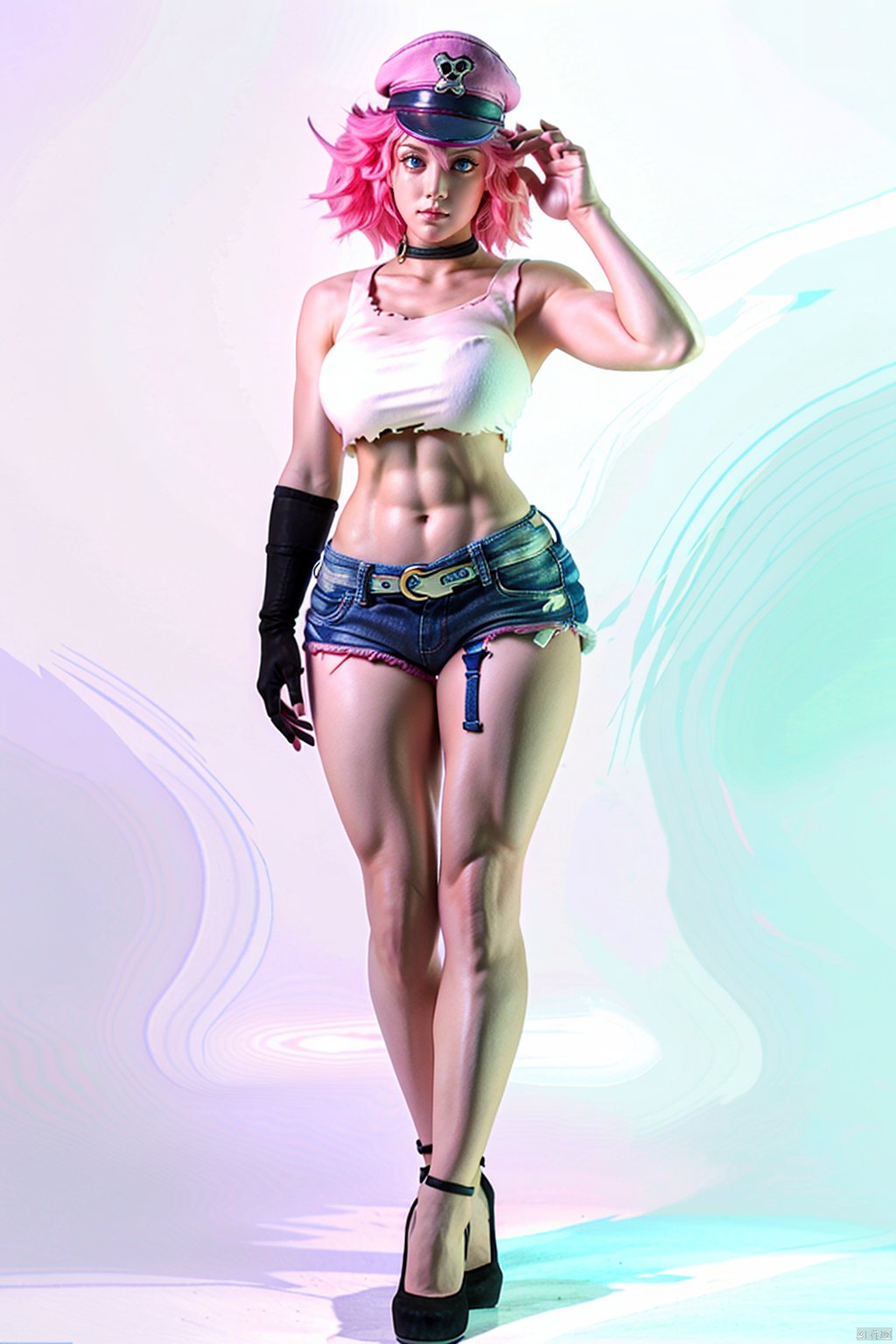 Full body, masterpiece,best quality,face detail,extreme detail,8k,white background,,poisonsfv,1girl,solo,breasts,looking at viewer,short hair,blue eyes,large breasts,gloves,hat,navel,pink high heels, hair,shorts,choker,black gloves,elbow gloves,midriff,belt,fingerless gloves,nail polish,lips,crop top,torn clothes,makeup,abs,tank top,denim,lipstick,peaked cap,pink nails,single glove,toned,nose,pink headwear,single elbow glove,cowboy_shot,standing pose, POISONSFV, Hands on own breasts and covering crotch, NSFW, Hourglass body shape,