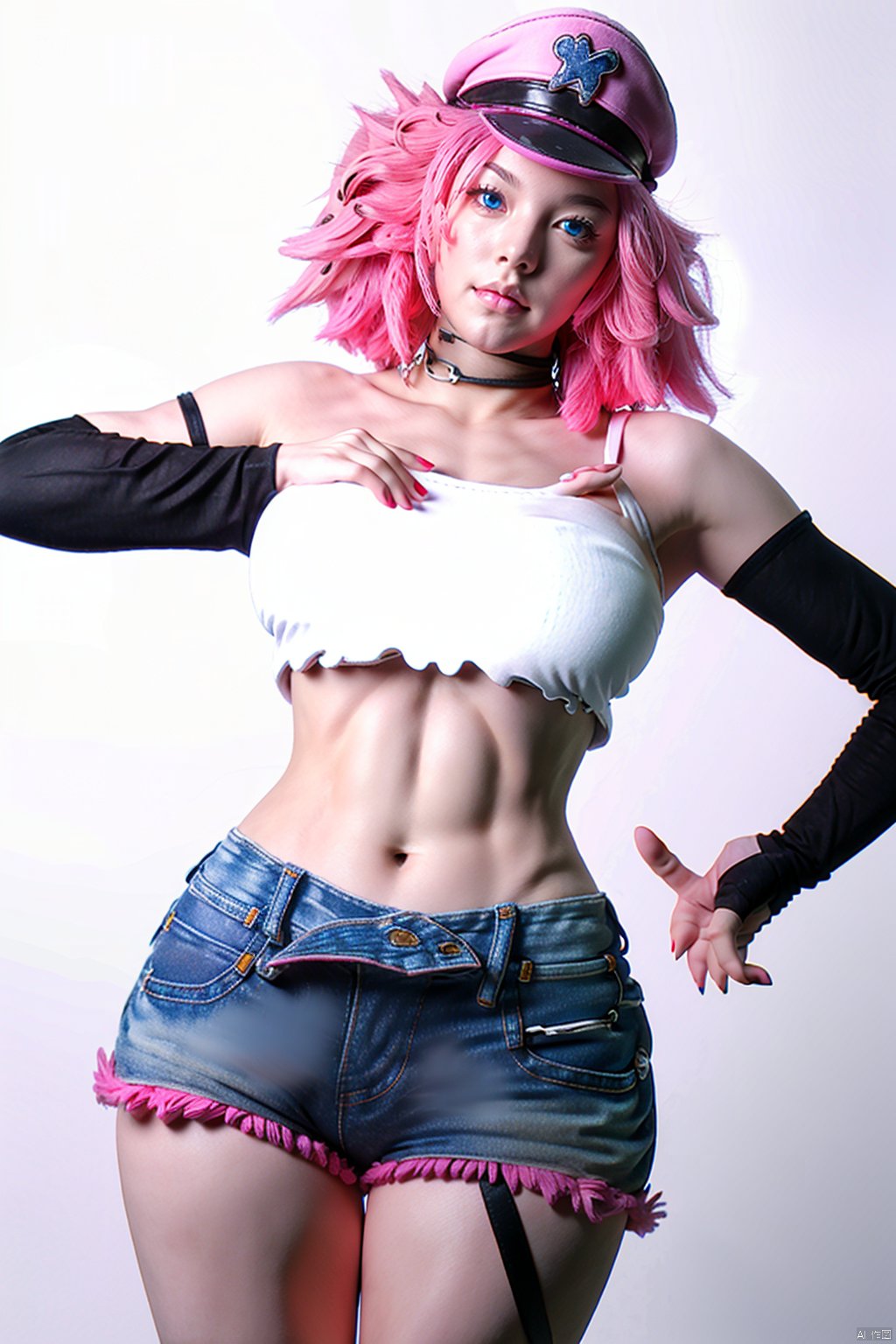  masterpiece,best quality,face detail,extreme detail,8k,white background,,poisonsfv,1girl,solo,breasts,looking at viewer,short hair,blue eyes,large breasts,gloves,hat,navel,pink hair,shorts,choker,black gloves,elbow gloves,midriff,belt,fingerless gloves,nail polish,lips,crop top,torn clothes,makeup,abs,tank top,denim,lipstick,peaked cap,pink nails,single glove,toned,nose,pink headwear,single elbow glove,cowboy_shot,standing pose, POISONSFV, Hands on own breasts and covering crotch, NSFW, Hourglass body shape